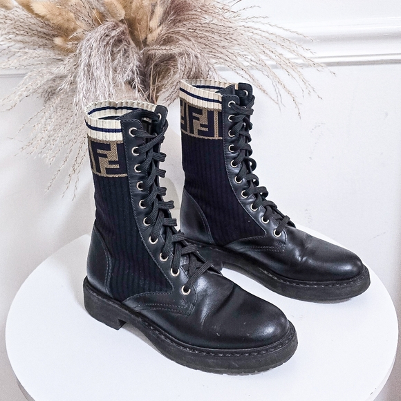 Fendi logo Rockoko leather and knit logo Combat ankle boots size 35.5 - Picture 1 of 15